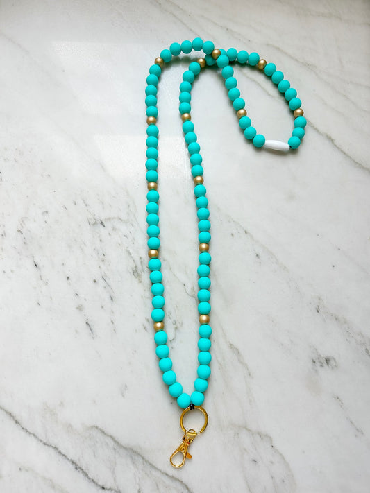 Turquoise Solid Group Beaded Lanyard with Breakaway Clasp