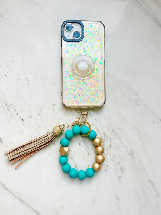 Phone Wristband Keychain: Emerald Bold Type