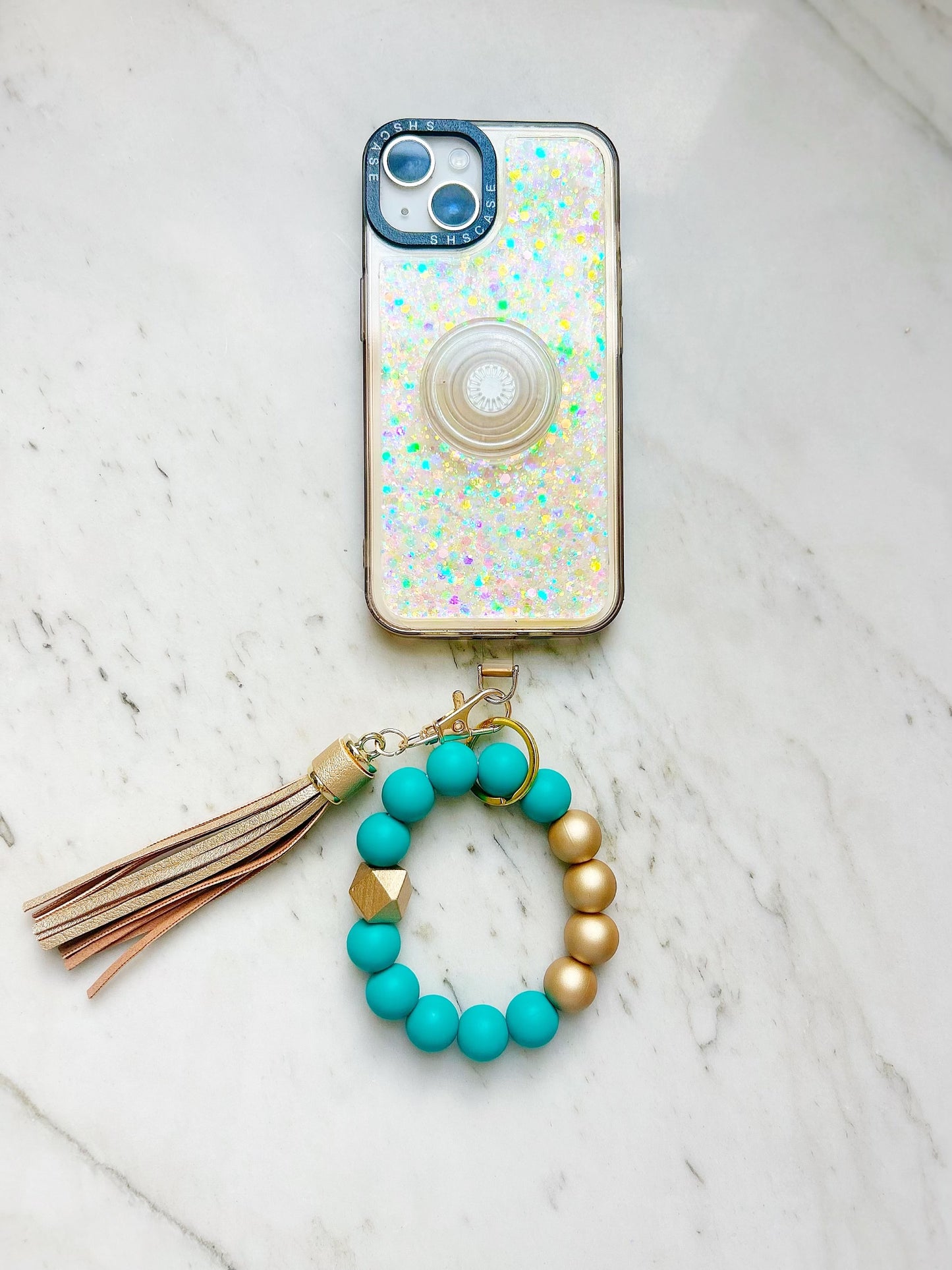 Phone Wristband Keychain: Emerald Bold Type