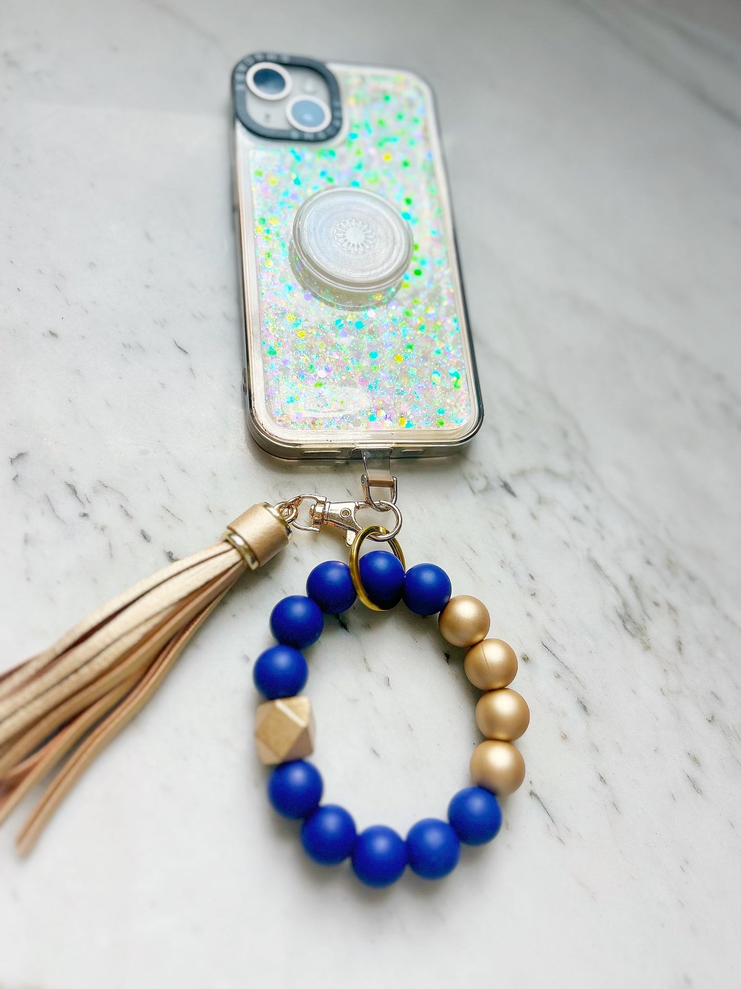Phone Wristband Keychain: Navy Bold Type