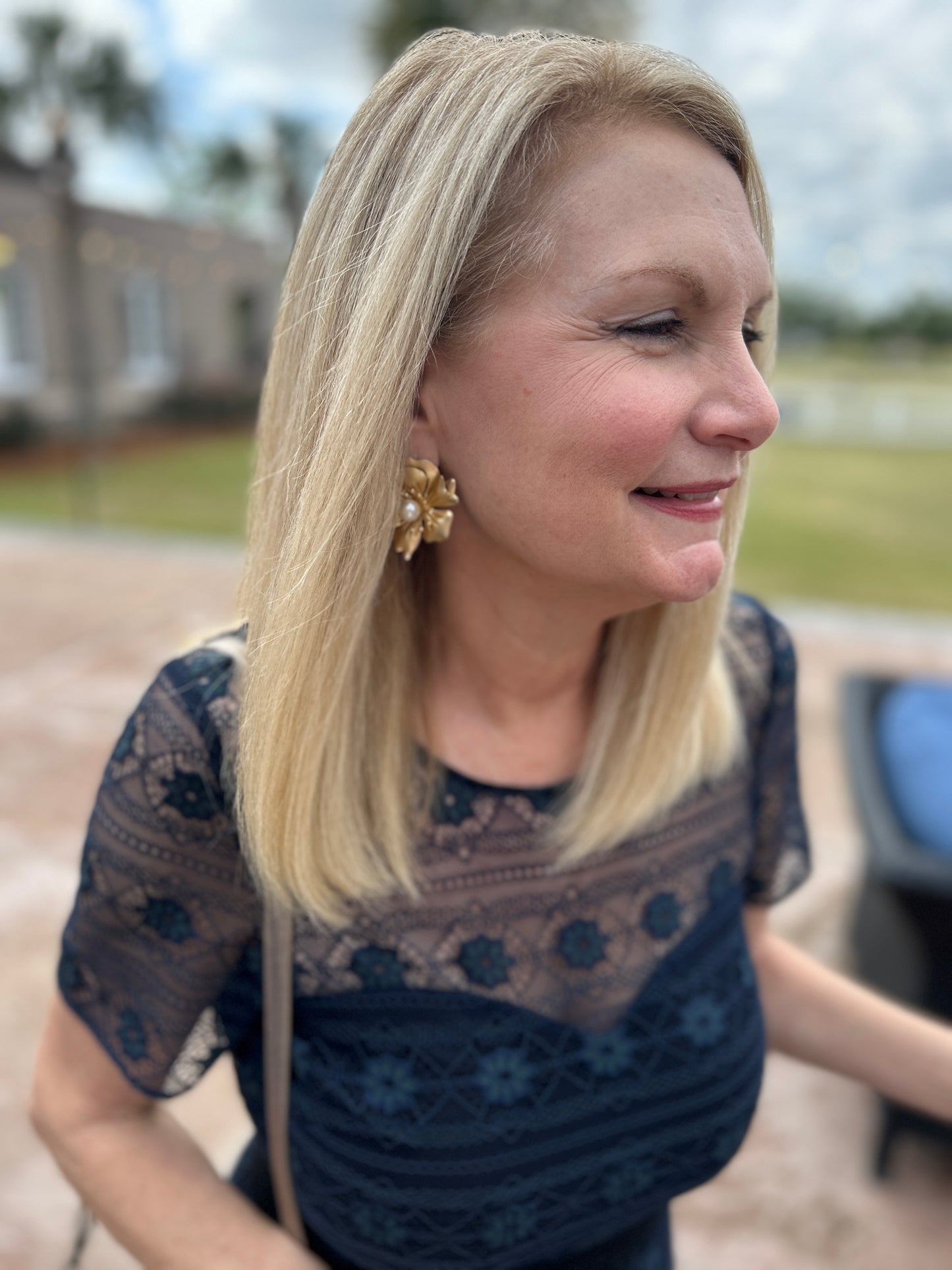 Gold Flower with Pearl Stud Earrings