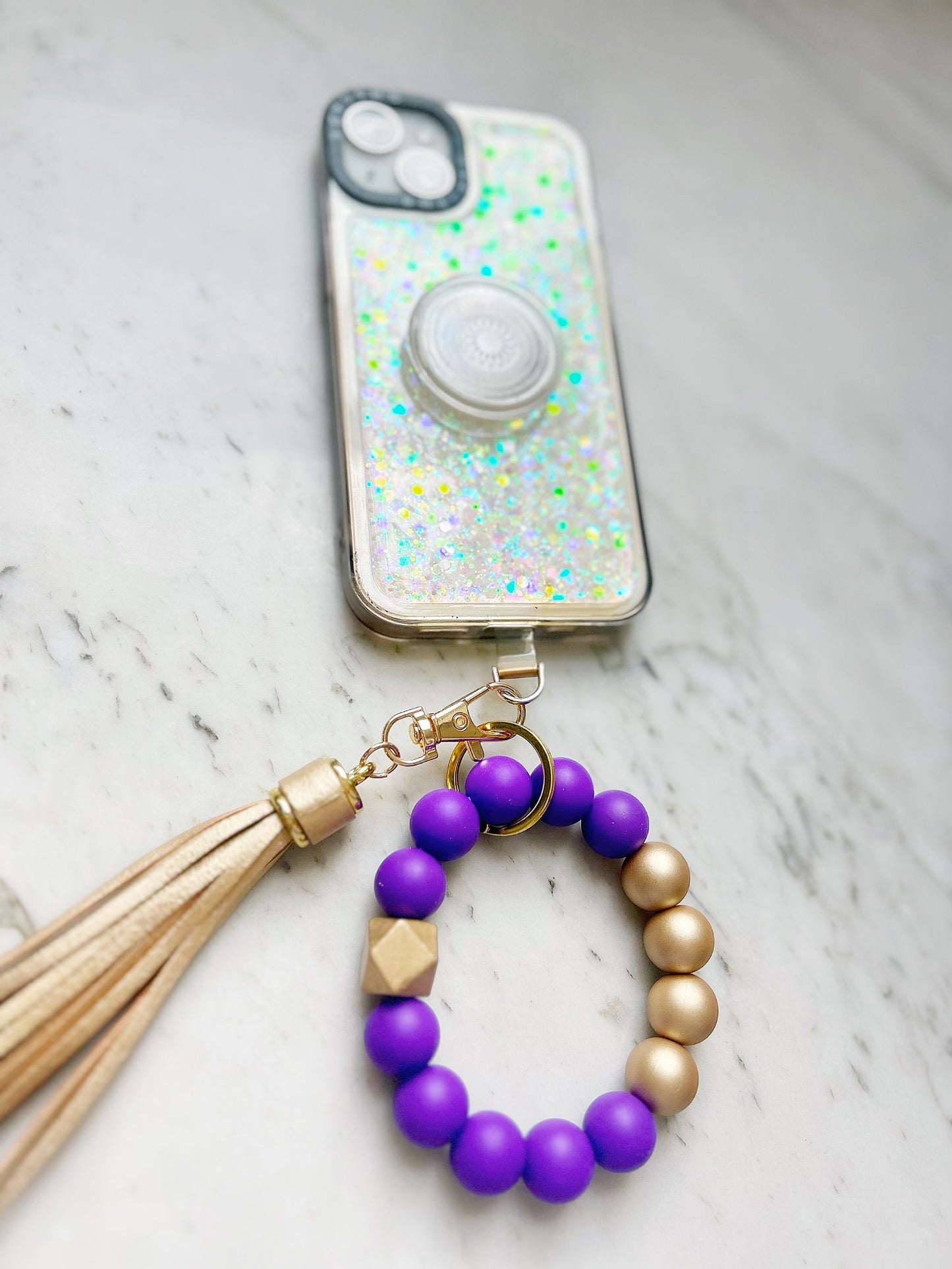 Phone Wristband Keychain: Purple Bold Type
