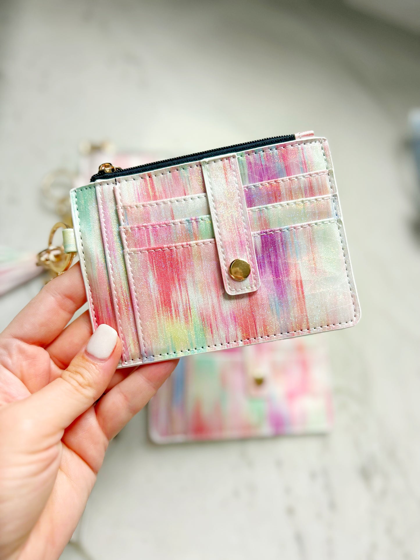 Pink Watercolor Credit Card Holder Wallet Keychain