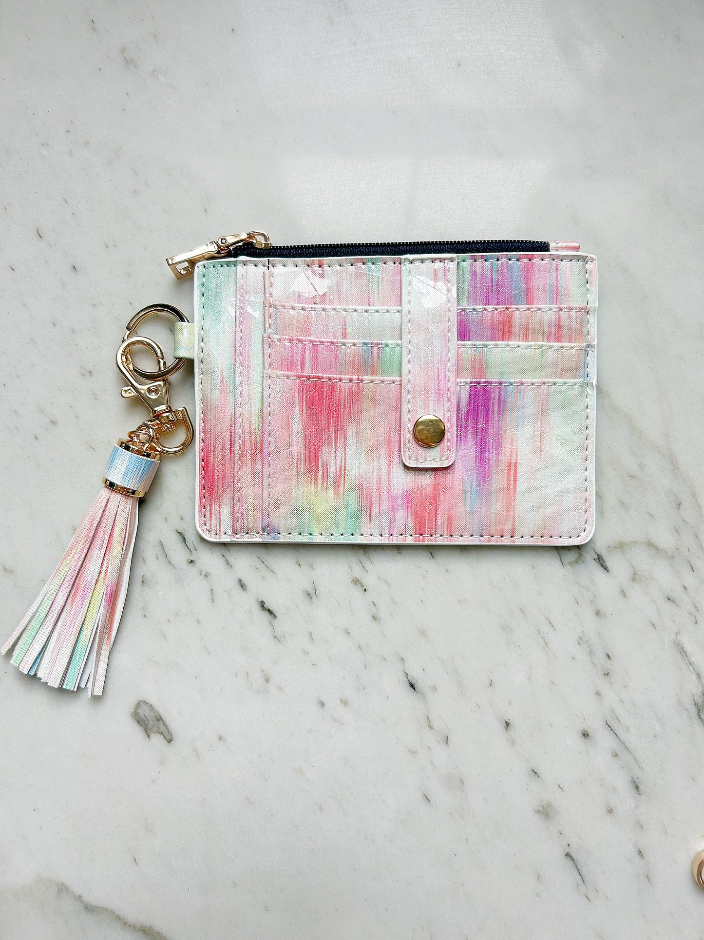 Pink Watercolor Credit Card Holder Wallet Keychain