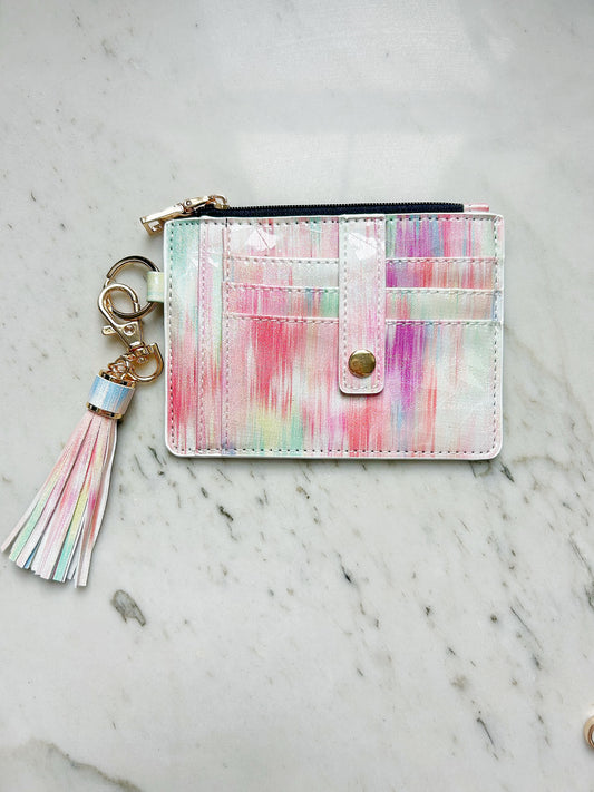 Pink Watercolor Credit Card Holder Wallet Keychain