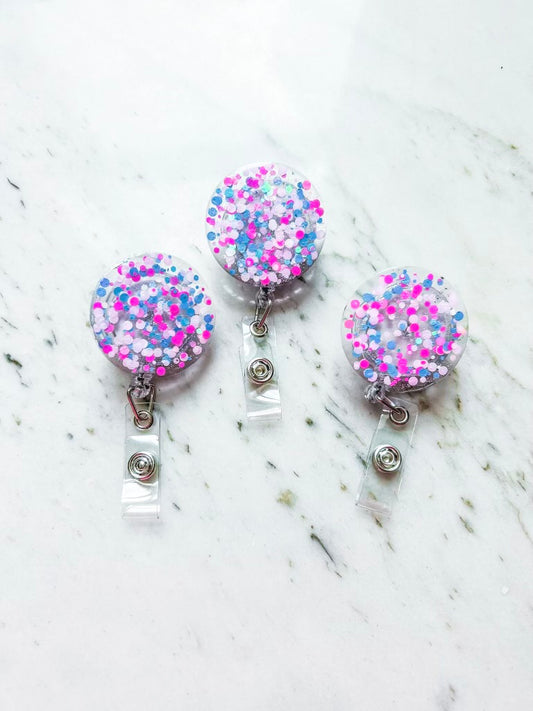 Glitter Badge Reel: Purple/Blue Confetti