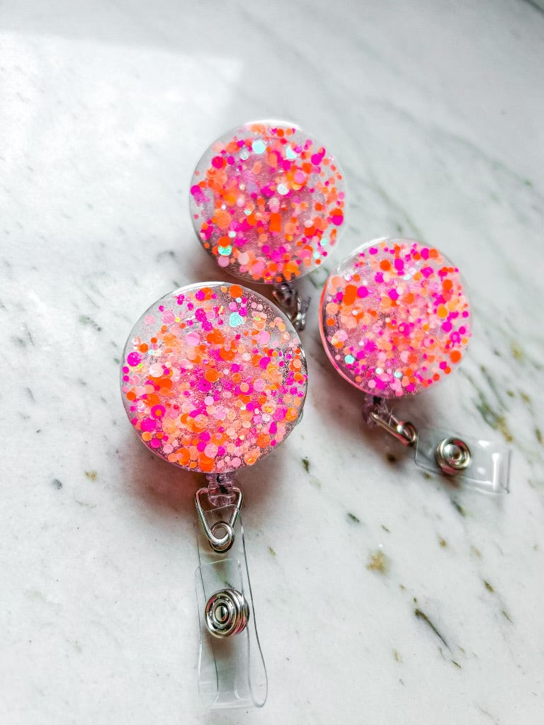 Glitter Badge Reel: Pink/Orange Confetti – lanyardlovebirds
