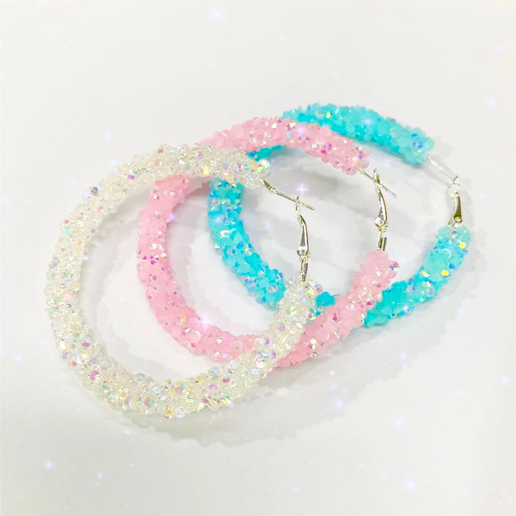 white sparkle hoop earrings, light pink sparkle hoop earrings, turquoise sparkle hoop earrings, hoops, bright earrings, cheap earrings