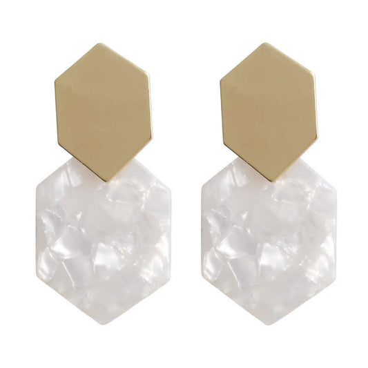 white earrings, gold earrings, mother of pearl earrings, cheap earrings, hexagon earrings