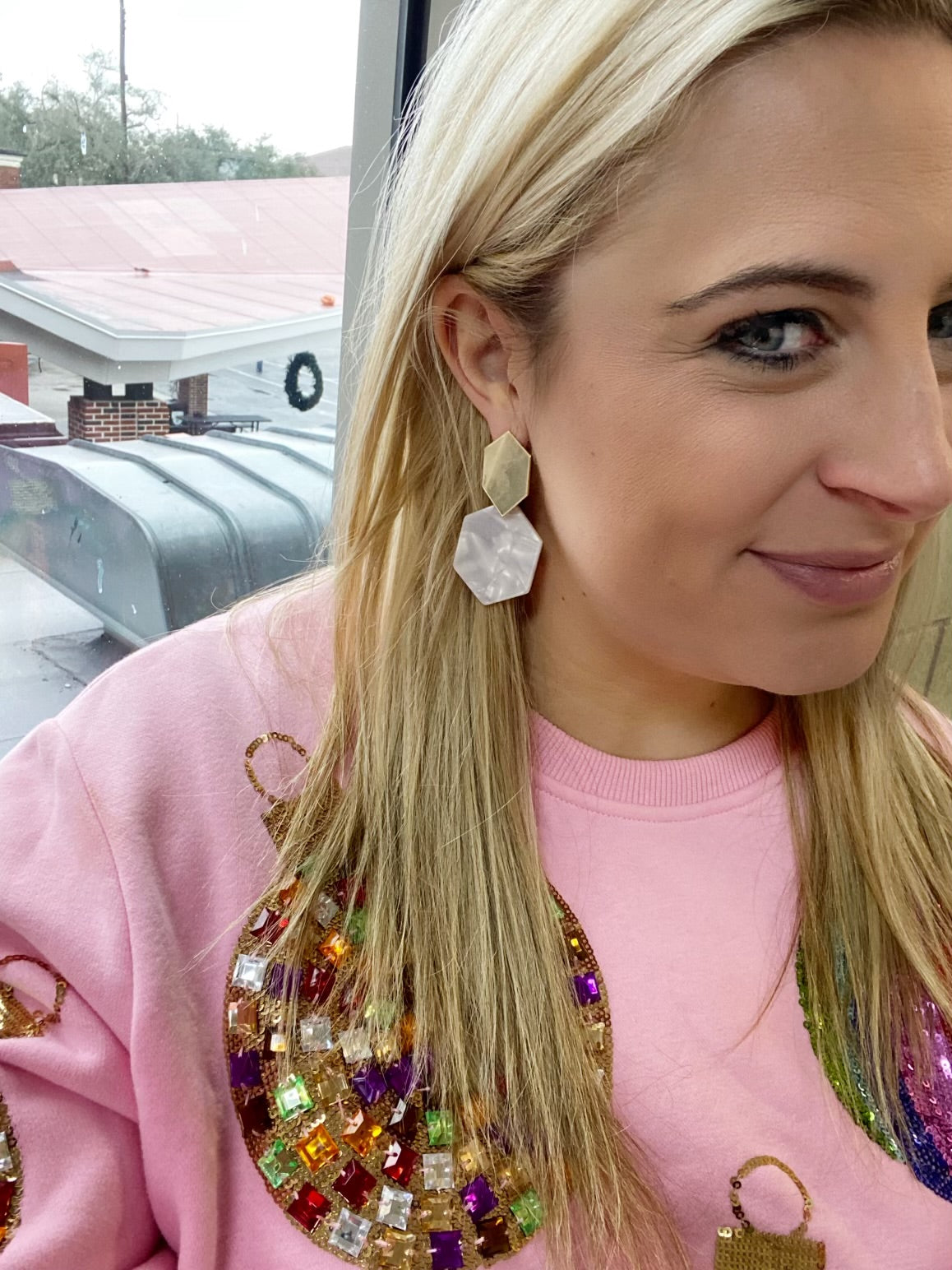 White and Gold Hexagon Earrings