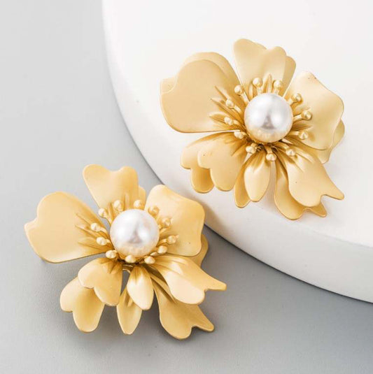 Gold Flower with Pearl Stud Earrings