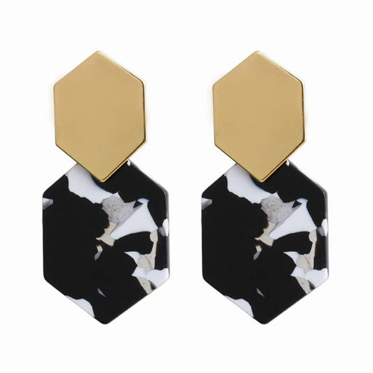 black white earrings, hexagon earrings, gold earrings