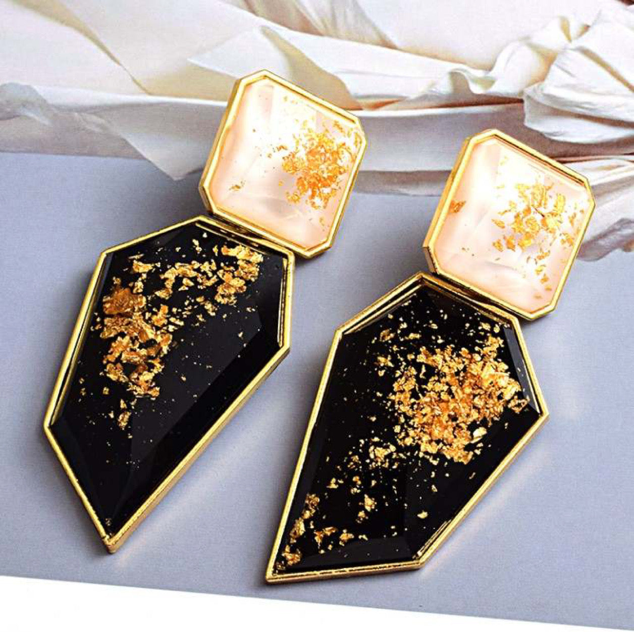 black, white, gold earrings, gold flake, gold leaf, geometric earrings, lanyard lovebirds, cheap earrings